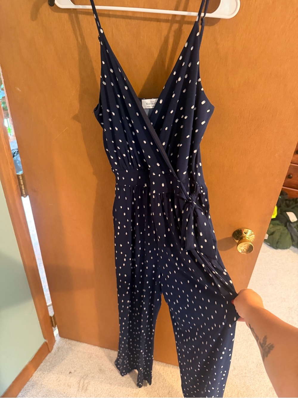 Polka Dot faux Wrap Jumpsuit - Navy
